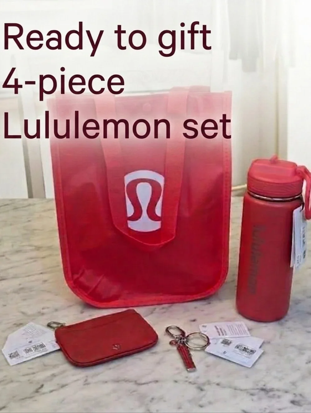 Lululemon 4-Piece Gift Set Red - Reusable Tote Card Holder Keychain Water Bottle